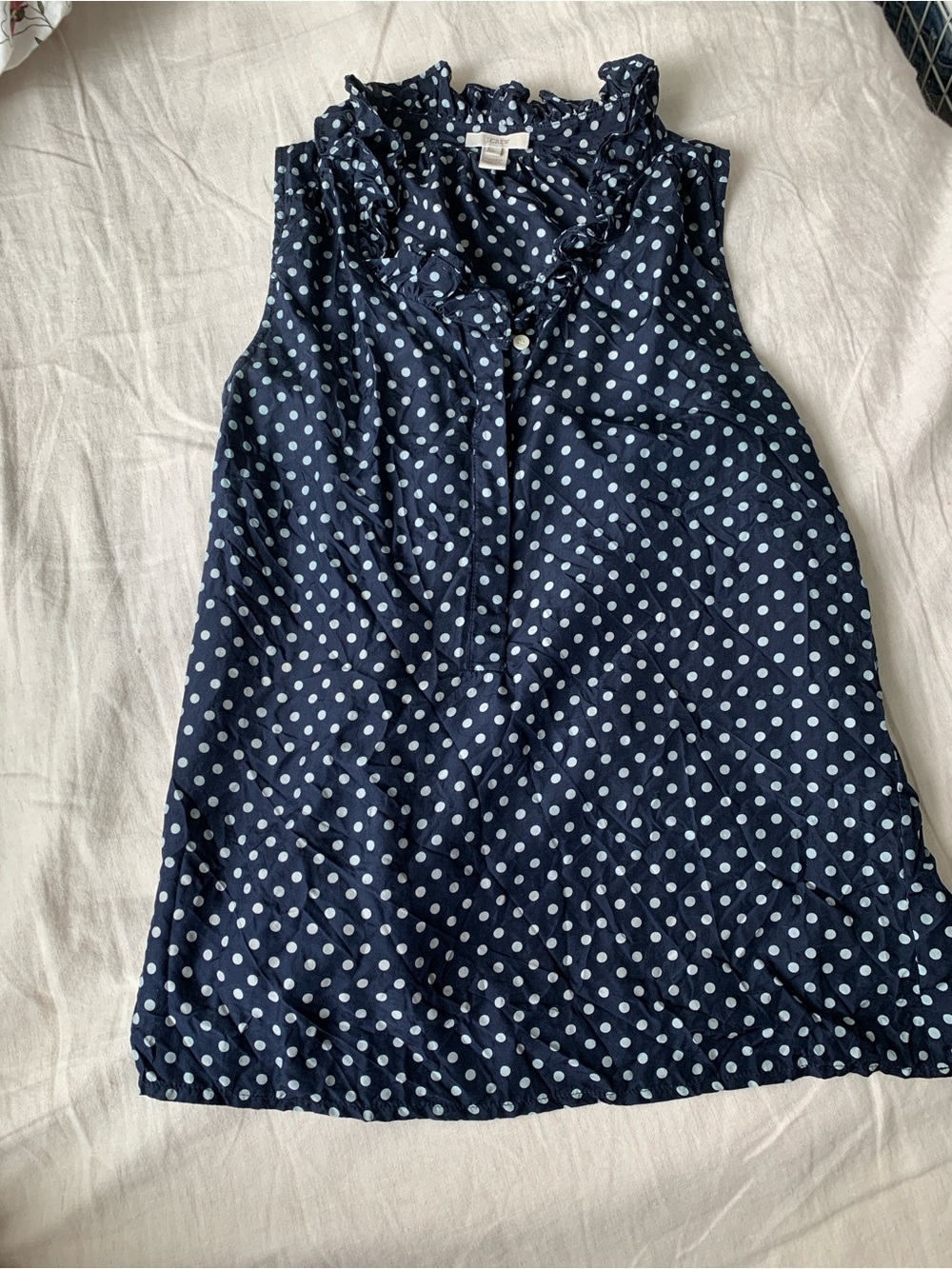 J.Crew Sleeveless Navy Polka Dot Ruffle Neck Top -
